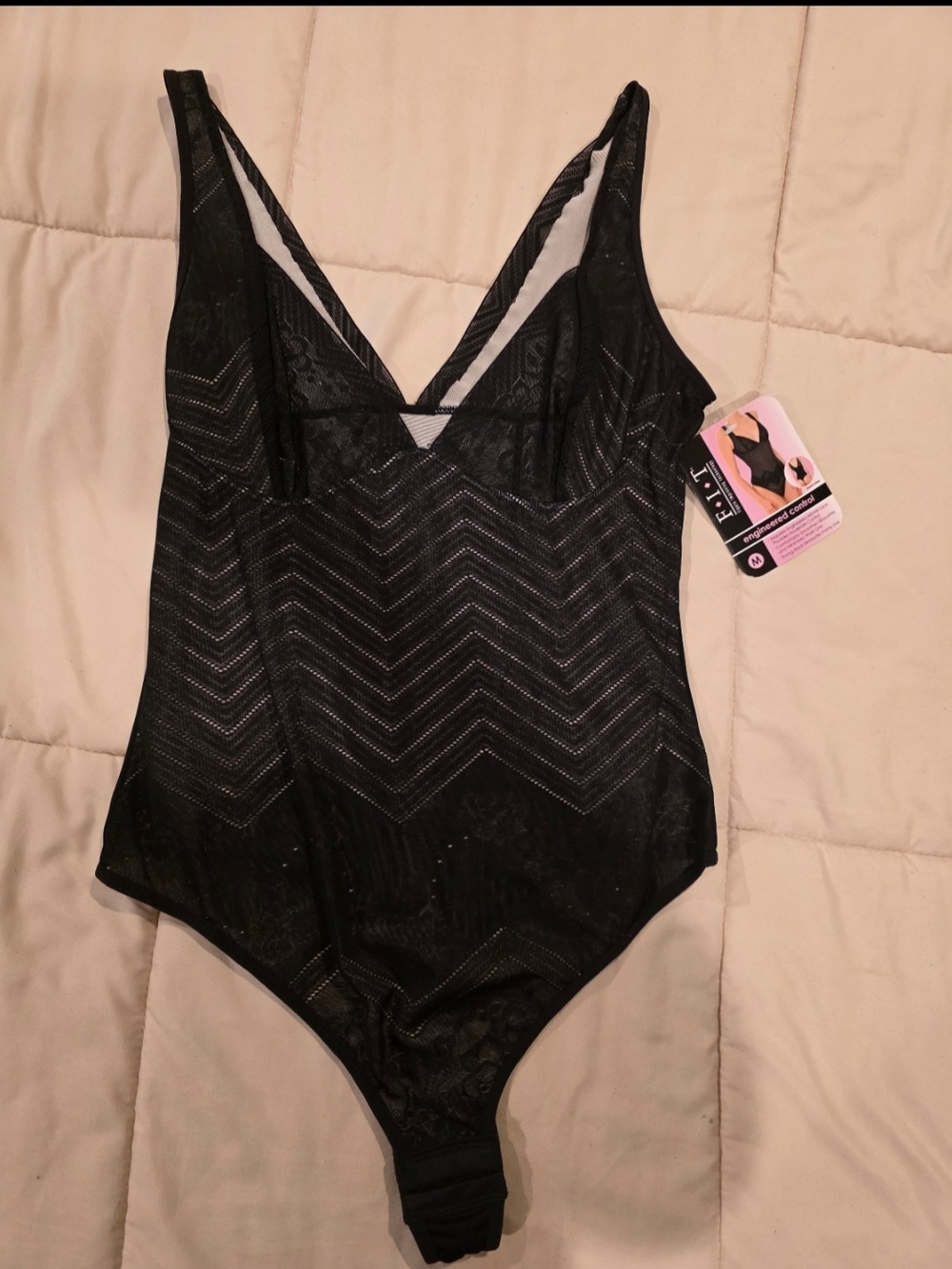 F.I.T. Shapewear Bodysuit Black Lace Thong NWT Size M